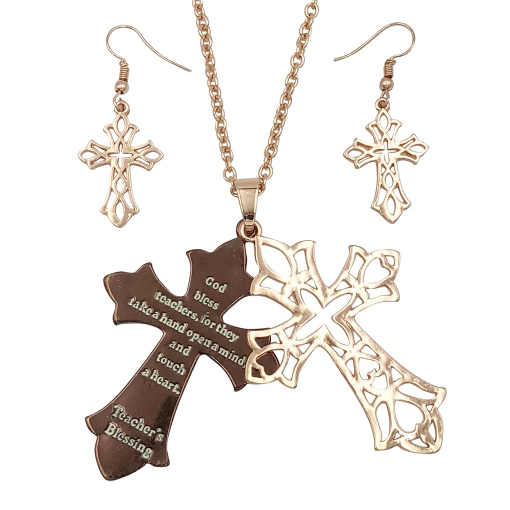 Teacher’s Blessing Long Copper Tone Filigree Cross Necklace Earrings Set